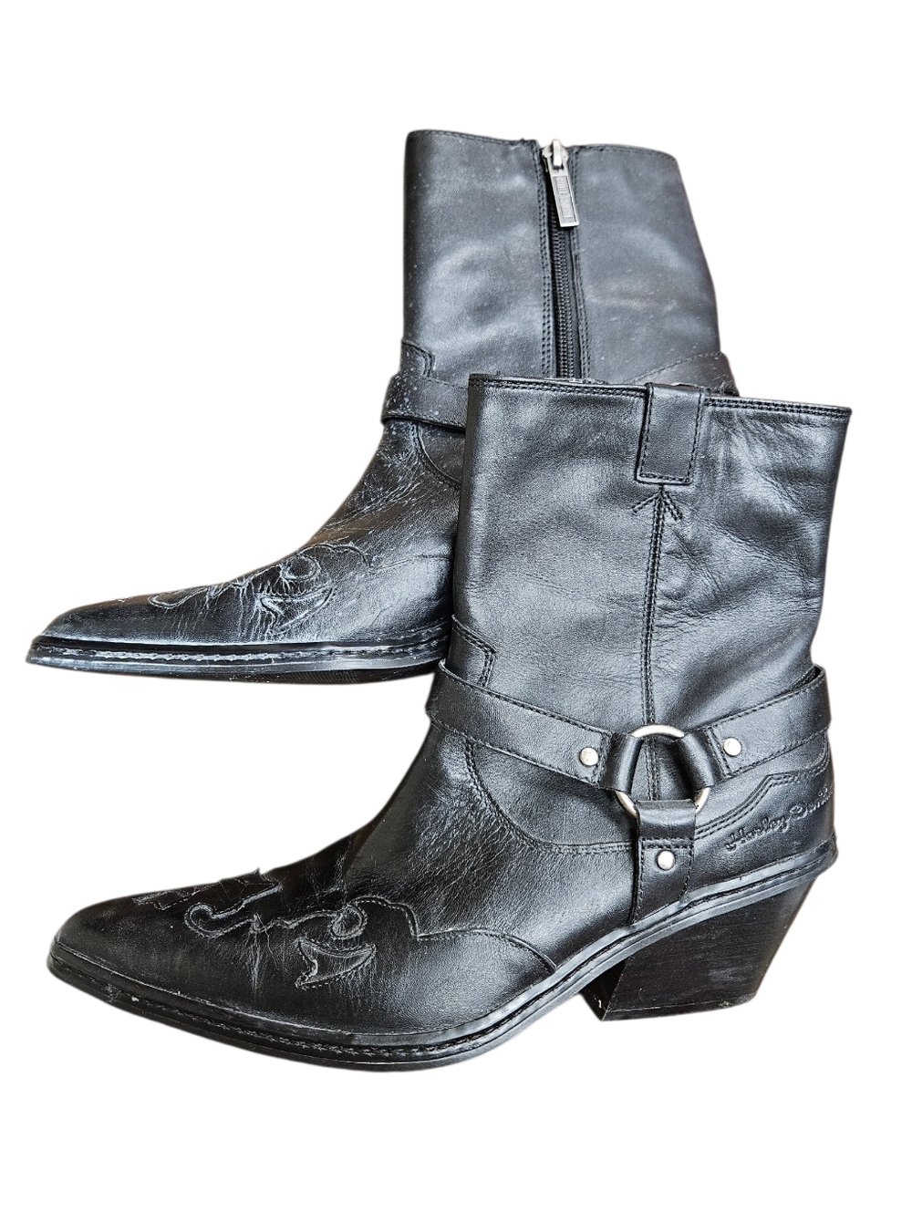 Harley-Davidson 8 Leather Black Cowboy Style Boots Pointed Tooled Harness Heel